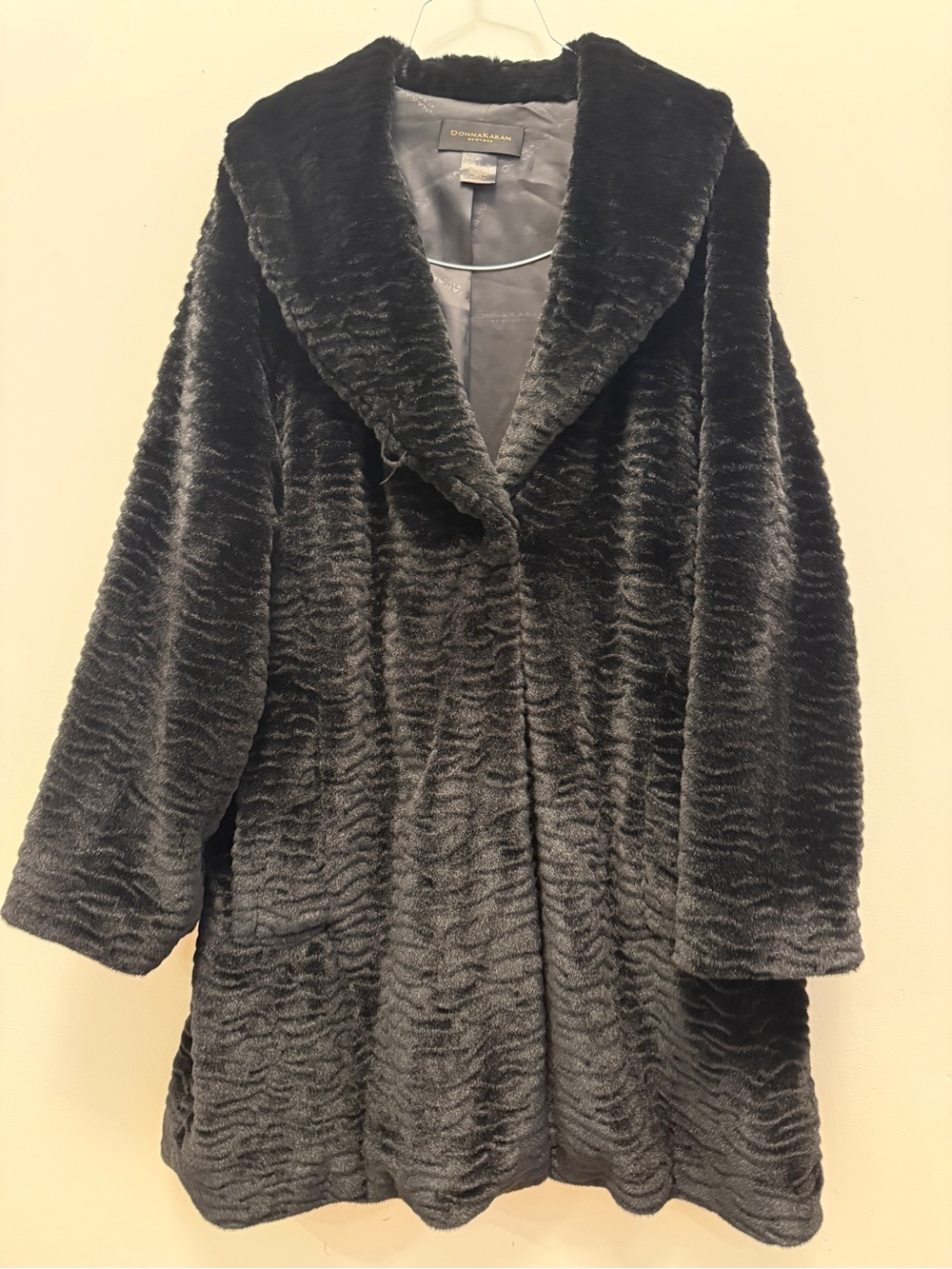 Donna Karan Black Faux Fur Teddy Coat
